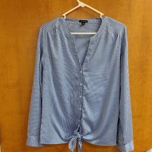Ann Taylor Blue and White Striped Button Down Blouse With Tie Front
